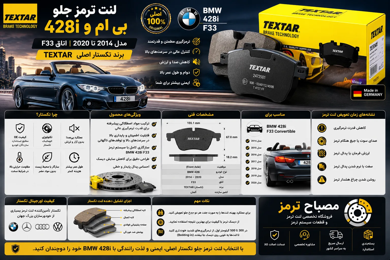 لنت ترمز جلو بی ام و 428i مدل 2014 تا 2020 اتاق F33 برند تکستار اصلی TEXTAR