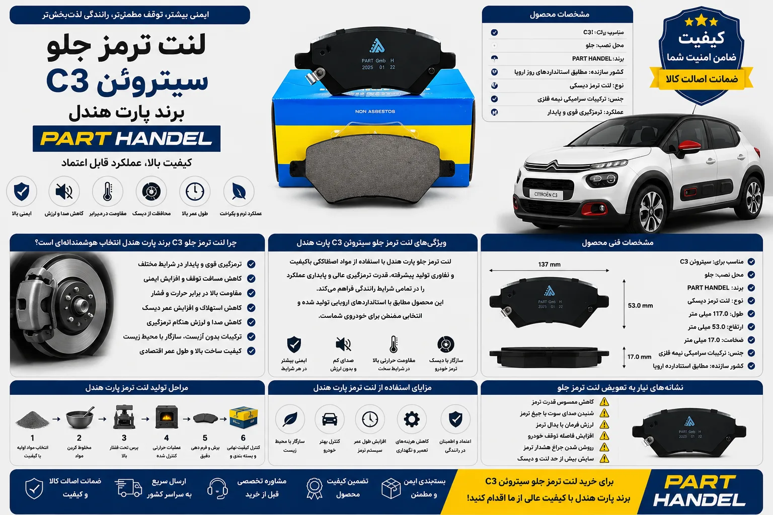 لنت ترمز جلو سیتروئن C3 برند پارت هندل PART HANDEL