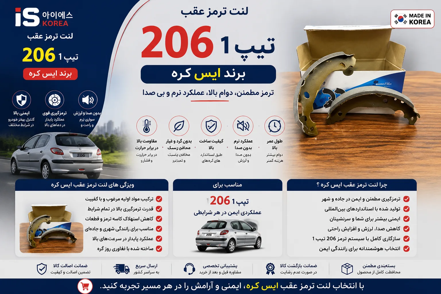 لنت ترمز عقب 206 تیپ 1 ایس کره