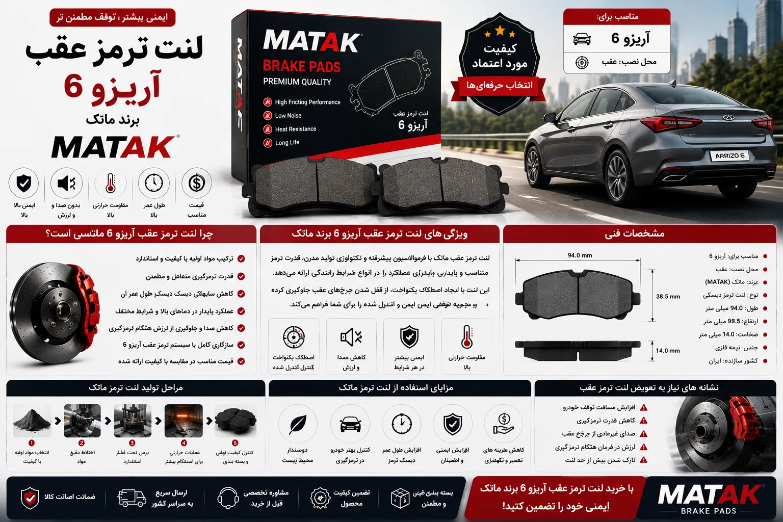لنت ترمز عقب آریزو 6 برند ماتک MATAK