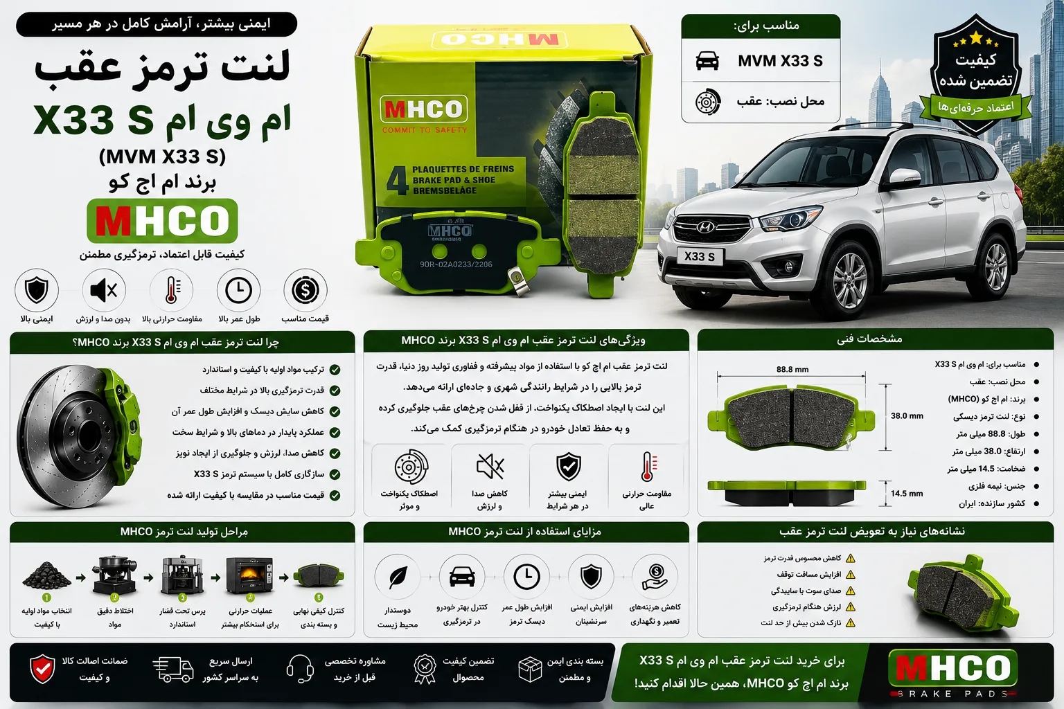 لنت ترمز عقب ام وی ام ایکس 33 اس ( MVM X33 S ) برند ام اچ کو MHCO