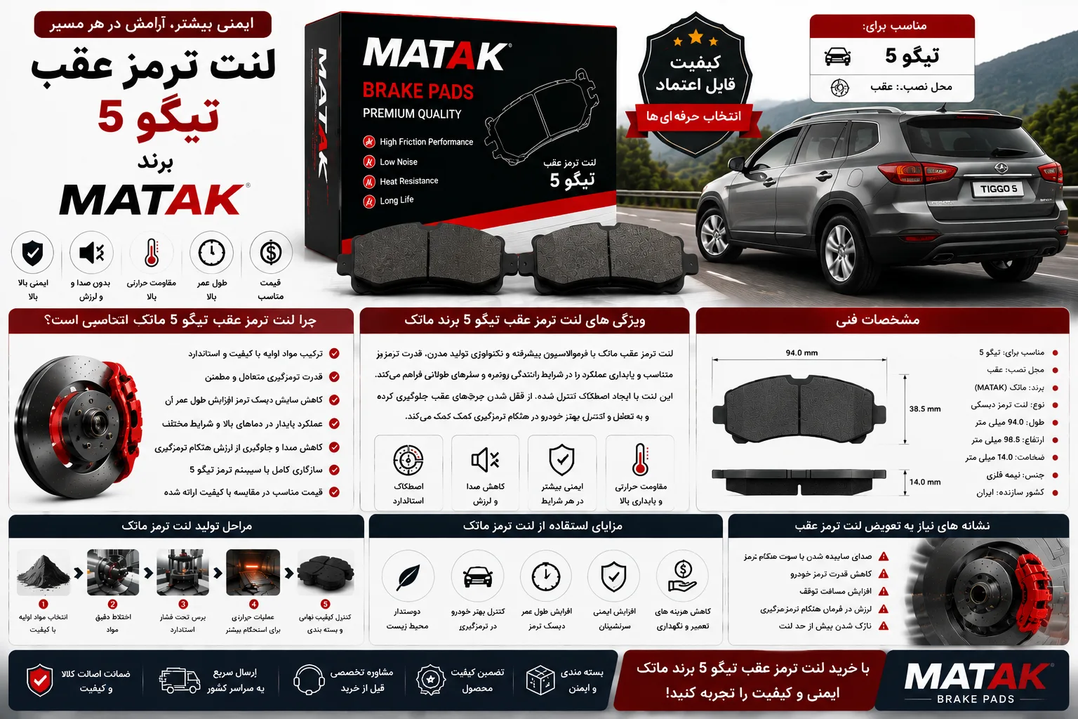 لنت ترمز عقب تیگو 5 برند ماتک MATAK