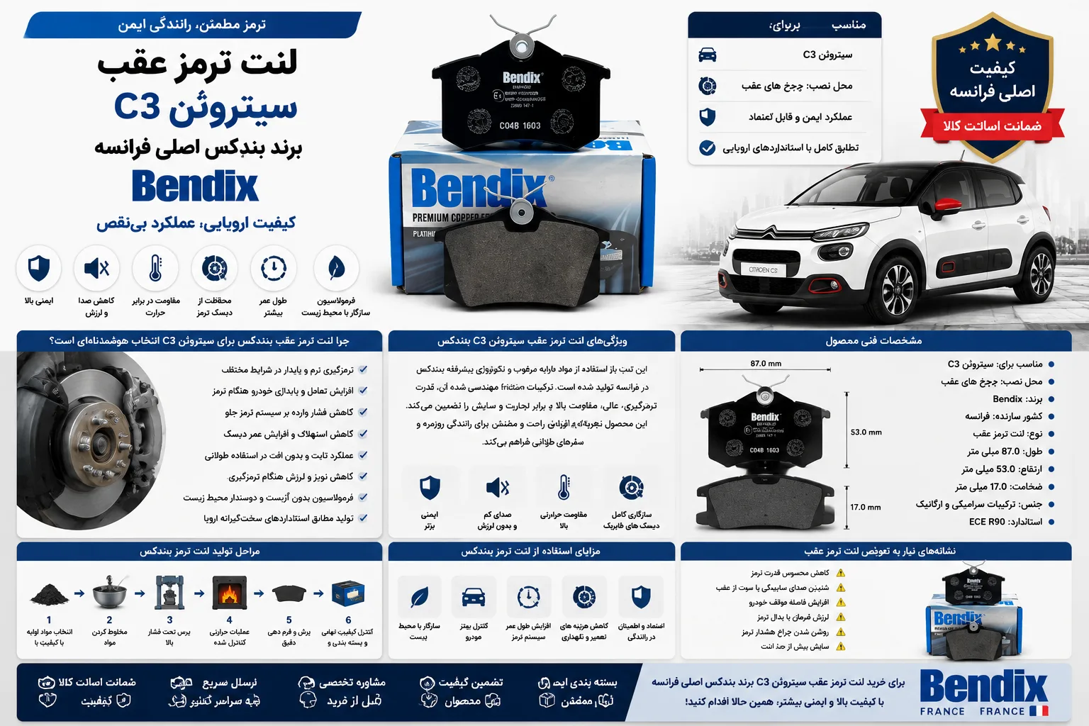 لنت ترمز عقب سیتروئن C3 برند بندیکس اصلی فرانسه Bendix