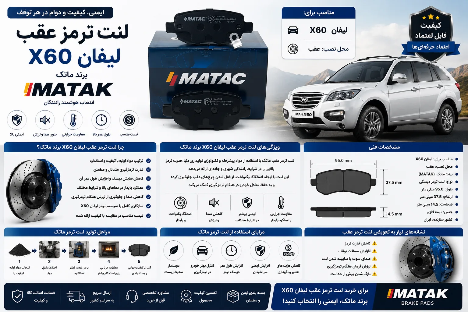لنت ترمز عقب لیفان X60 برند ماتک MATAK