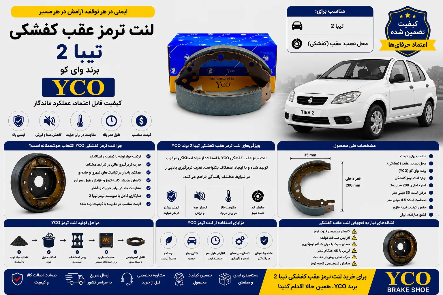 لنت ترمز عقب کفشکی تیبا 2 برند وای کو YCO