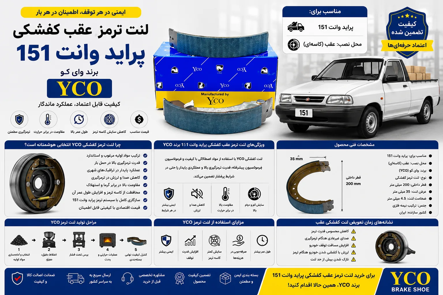 لنت ترمز عقب کفشکی پراید وانت 151 برند وای کو YCO