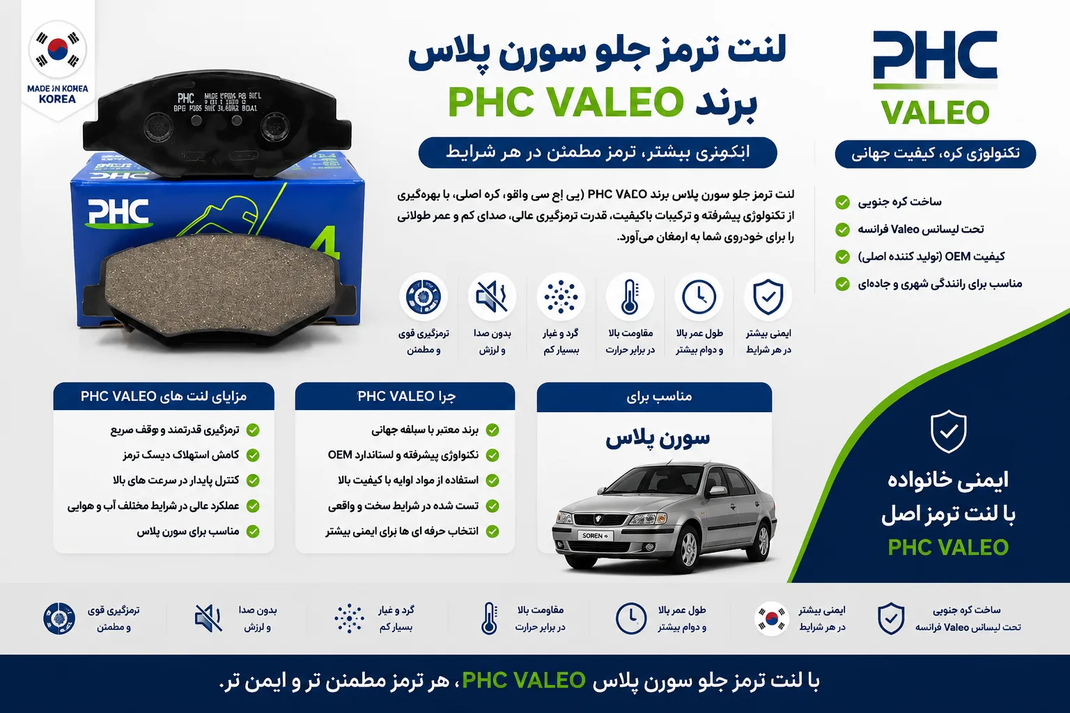 لنت ترمز جلو سورن پلاس برند PHC VALEO پی اچ سی والئو کره اصلی