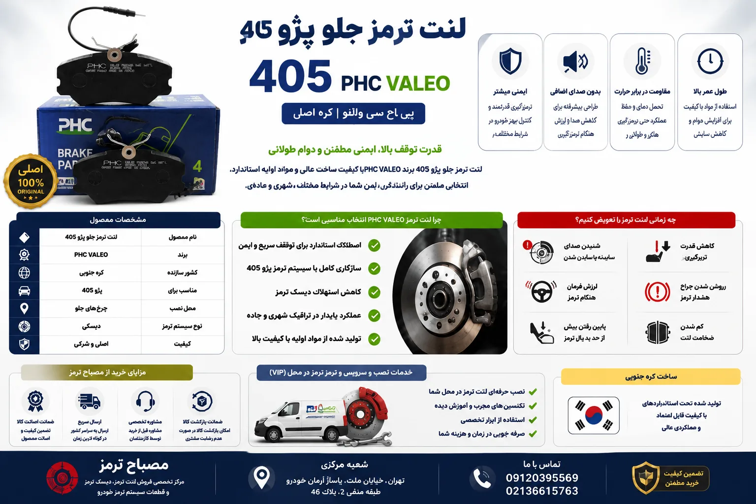 لنت ترمز جلو پژو 405 برند PHC VALEO پی اچ سی والئو کره اصلی