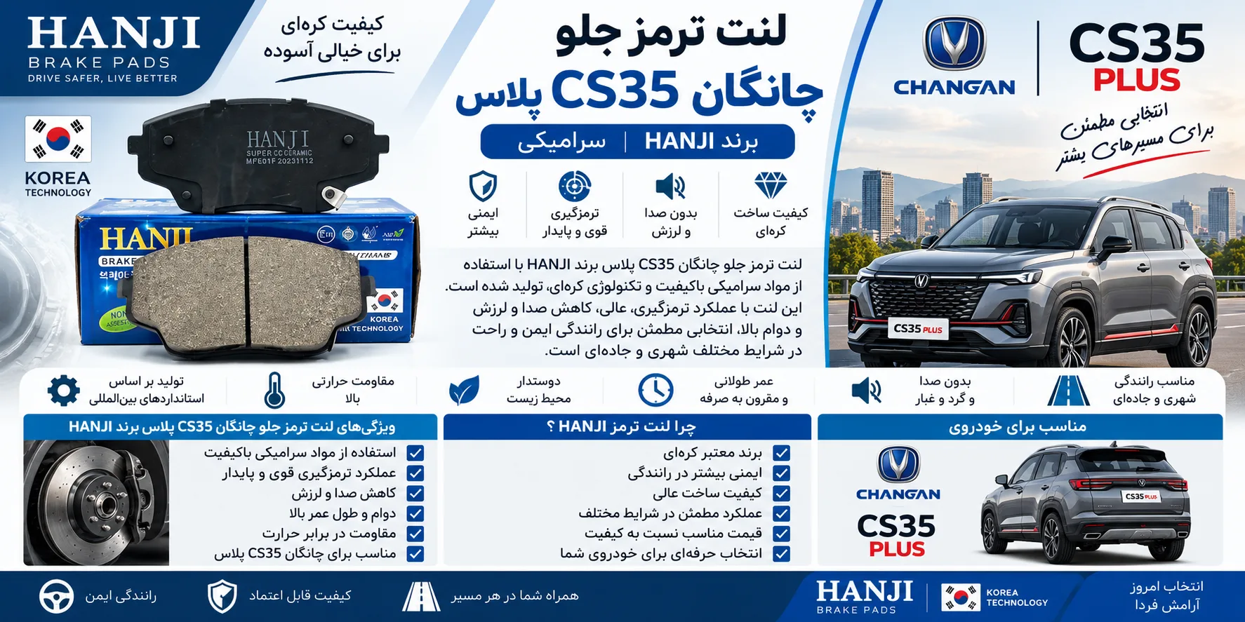 لنت ترمز جلو چانگان CS 35 پلاس برند هانجی سرامیکی HANJI