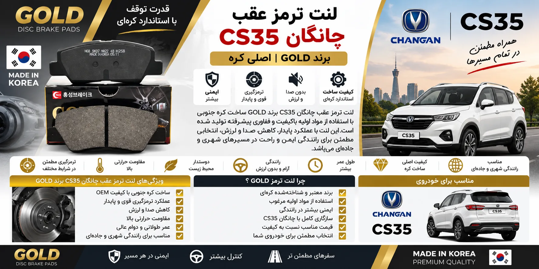 لنت ترمز عقب چانگان CS 35 برند گلد (Gold) اصلی کره