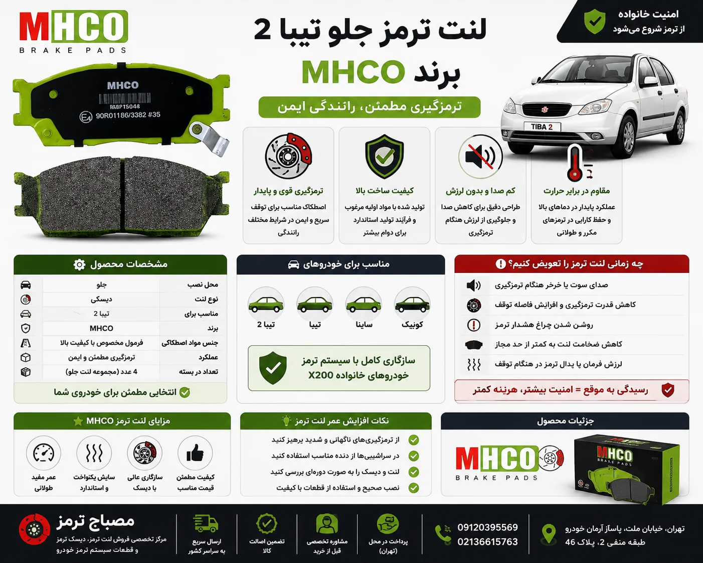 اینفوگرافی لنت ترمز جلو تیبا ۲ برند MHCO