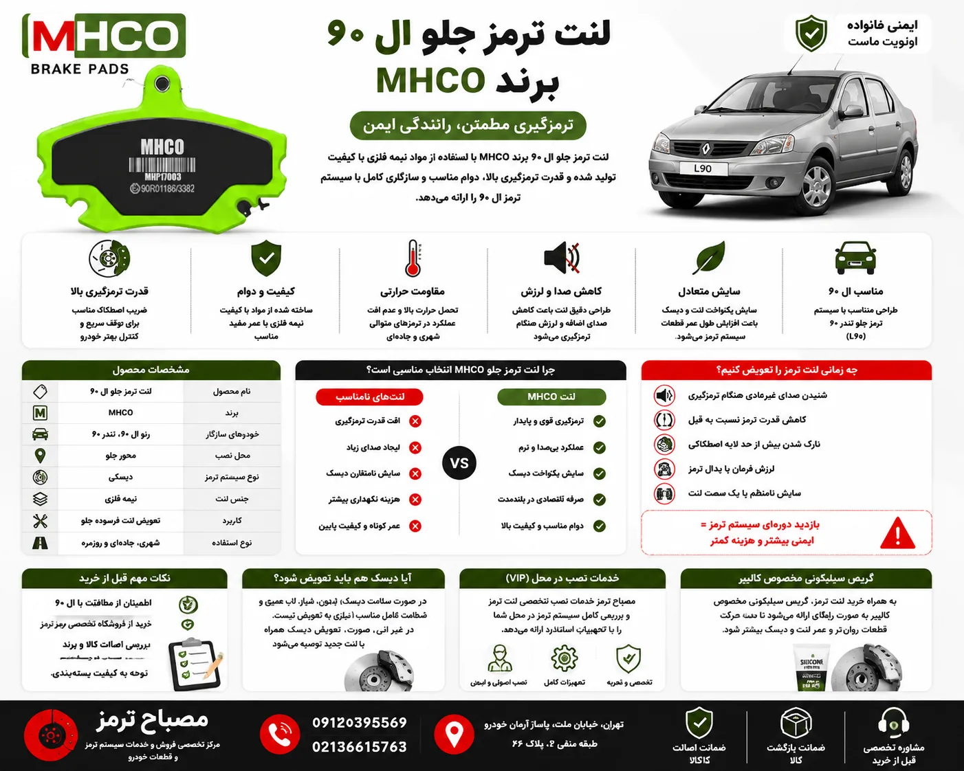 اینفوگرافیک لنت ترمز جلو ال ۹۰ برند ام اچ کو MHCO