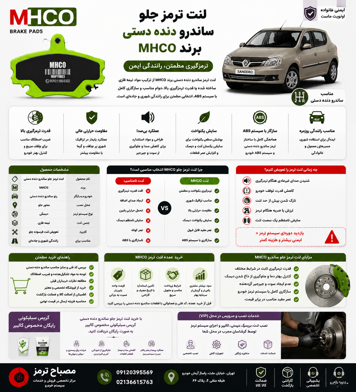 اینفوگرافیک لنت ترمز جلو رنو ساندرو دنده دستی برند ام اچ کو MHCO