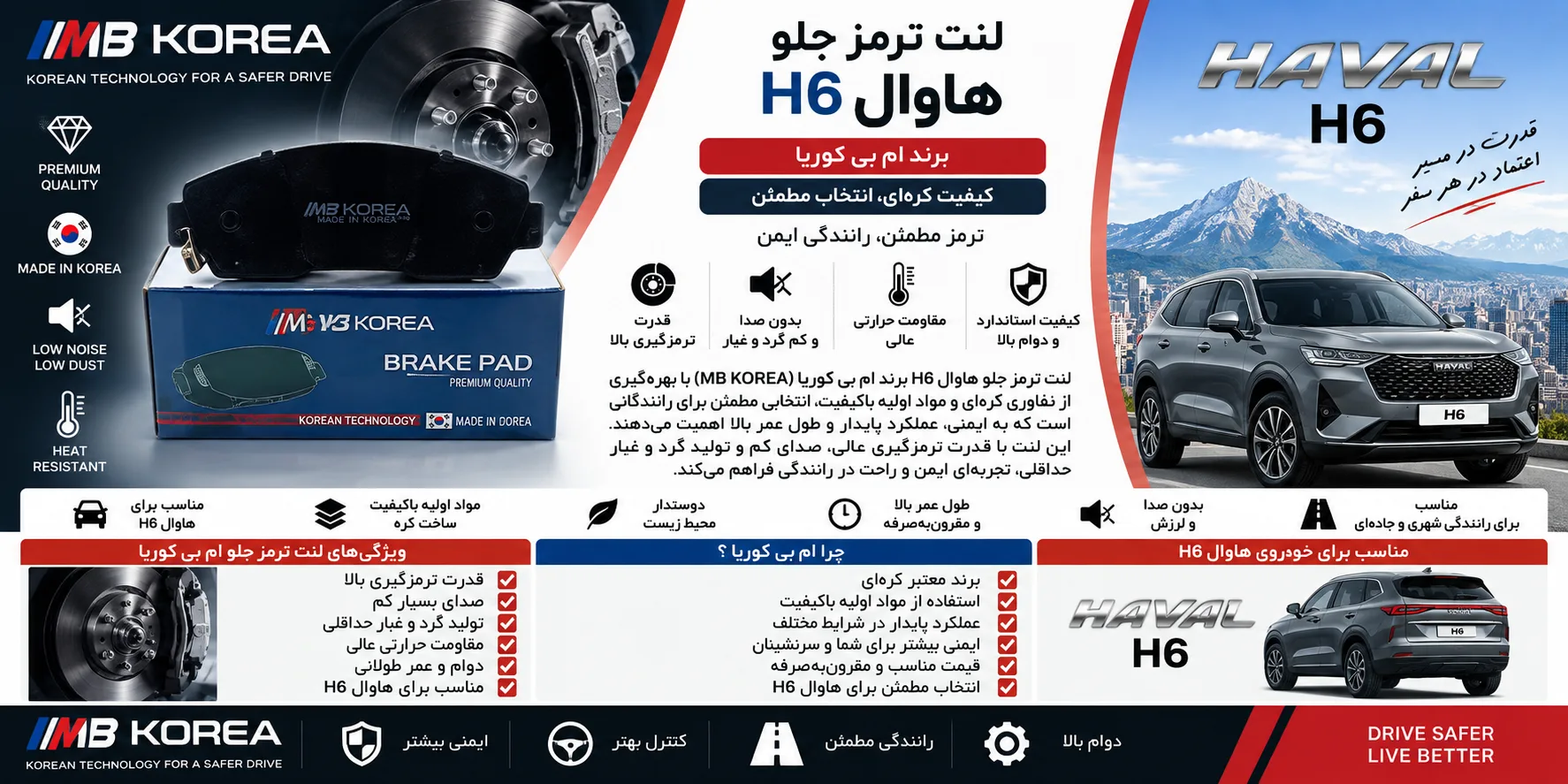 لنت ترمز جلو هاوال H6 برند ام بی کوریا MB KOREA