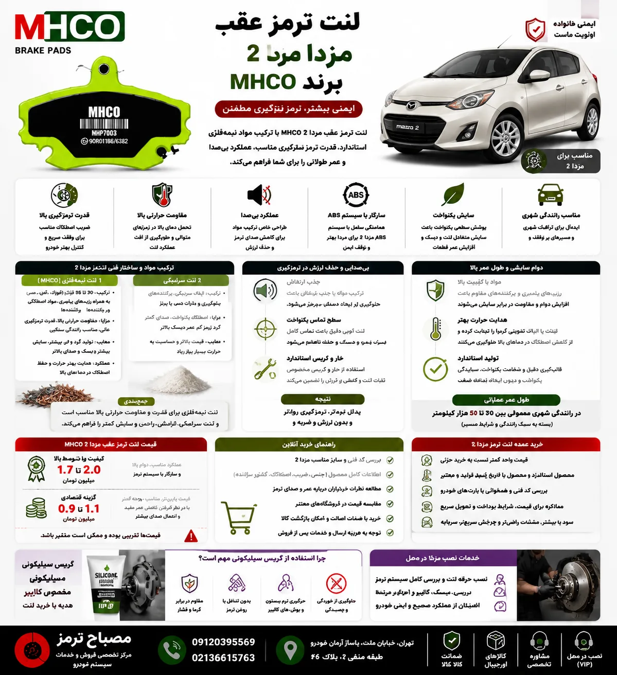 اینفوگرافیک لنت ترمز عقب مزدا ۲ برند ام اچ کو MHCO